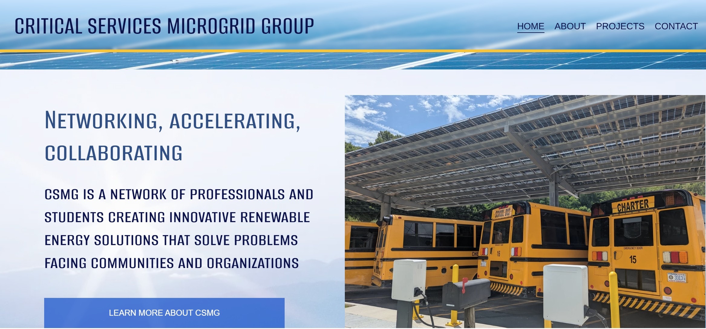 Critical Services Microgrid Group website screenshot showing solar panels and electric school buses