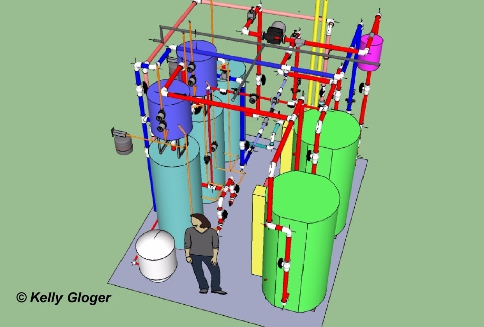 3D CAD model of commercial solar hot water system with storage tanks and piping