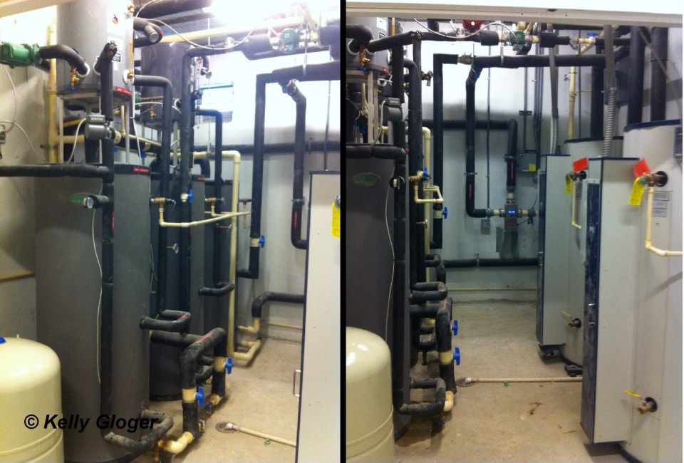 Commercial solar hot water mechanical room with tanks and insulated piping
