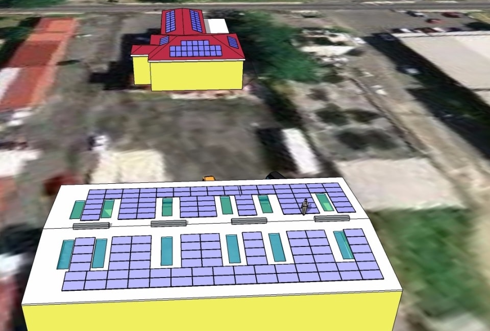 3D aerial close-up rendering of 54KW solar PV array covering the full flat roof of the warehouse building