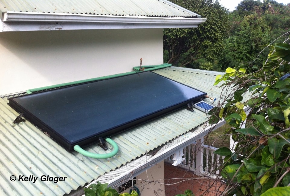 Flat-plate solar thermal collector on corrugated roof with tropical vegetation